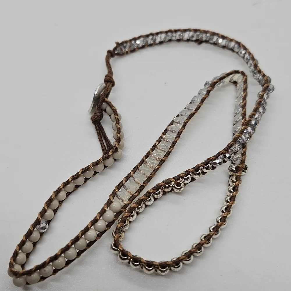 brown cord wrap bracelet with white milky and silver beads